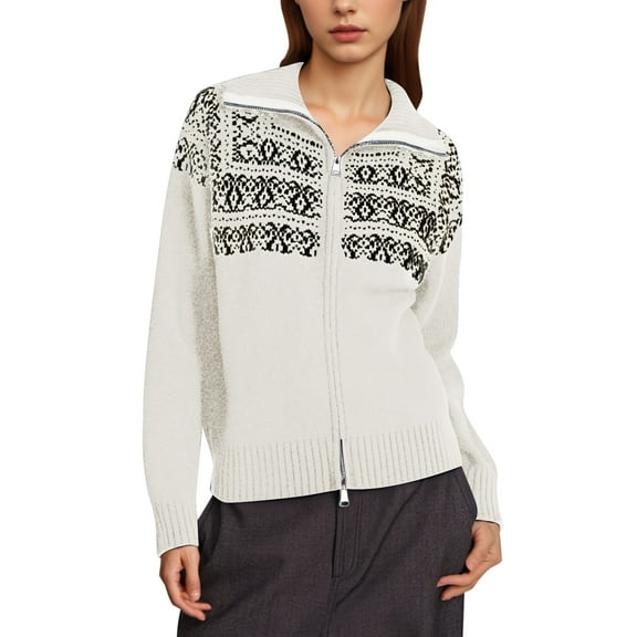 DHFJKG Women Fair Isle Crop Sweater Coat Zipper Long Sleeve Turndown Collar Warm Sweater Jacket For Fall Winter Loose Fit Soft Stylish Coat
