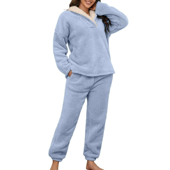 DHFJKG Women Flannel Fuzzy Pajamas Sets Loungewear Loose Fit Lapel Pullover Ankle-Tied Pants Outfits Fluffly Shaggy Sleepwear Soft 2 Piece Sets