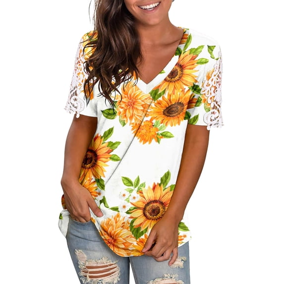 DHFJKG Women Floral T Shirt Summer Short Sleeve Fashion Printing V Neck Loose Fit Shirts Hawaii Beach Vacation Clothes Soft Tops
