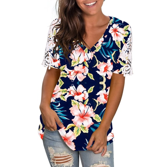 DHFJKG Women Floral T Shirt Summer Short Sleeve Fashion Printing V Neck Loose Fit Shirts Hawaii Beach Vacation Clothes Trendy Tops