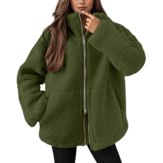 DHFJKG Women Fuzzy Overcoat Solid Color Long Sleeve Trench Style Zipper Loose Fit Outerwear With Pockets Comfortable Winter Jacket Soft Jackets