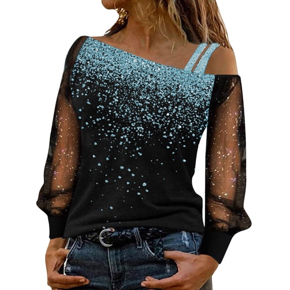 DHFJKG Women Glitter Long Sleeve Shirts Sparkly Gradient Shoulder Asymmetrical Mesh Sheer Patchwork Blouse Night Out Y2K Clubwear Stylish Tops