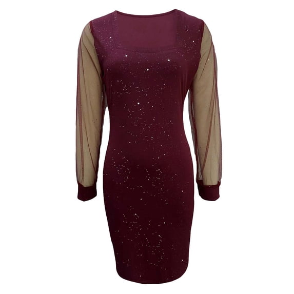 DHFJKG Women Glitter Sexy Dress Party Club Mesh Sheer Long Sleeve Slim Fit Mini Dress Square Neck Bodycon Night Out Stylish Dresses