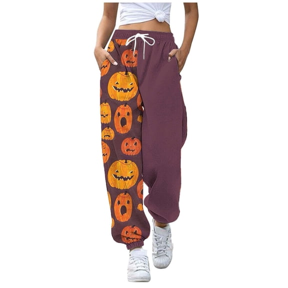 DHFJKG Women Halloween Sweatpants Print Pockets High Waist Sporty Gym Athletic Fit Jogger Pants Elastic Waist Ankle-Tied Trendy Trousers
