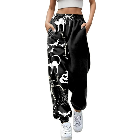 DHFJKG Women Halloween Sweatpants Print Pockets High Waist Sporty Gym Athletic Fit Jogger Pants Elastic Waist Ankle-Tied Trendy Trousers