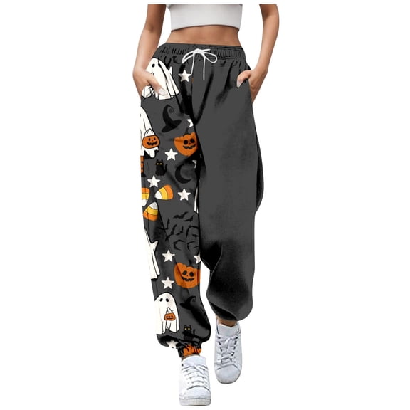 DHFJKG Women Halloween Sweatpants Print Pockets High Waist Sporty Gym Athletic Fit Jogger Pants Elastic Waist Ankle-Tied Trendy Trousers