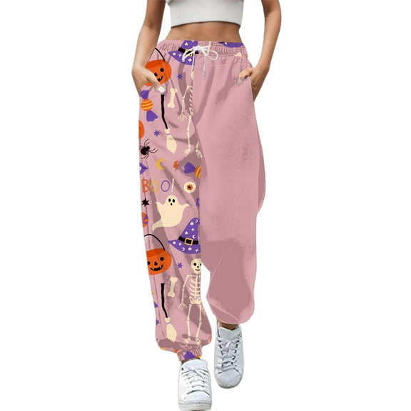 DHFJKG Women Halloween Sweatpants Print Pockets High Waist Sporty Gym Athletic Fit Jogger Pants Elastic Waist Ankle-Tied Trendy Trousers