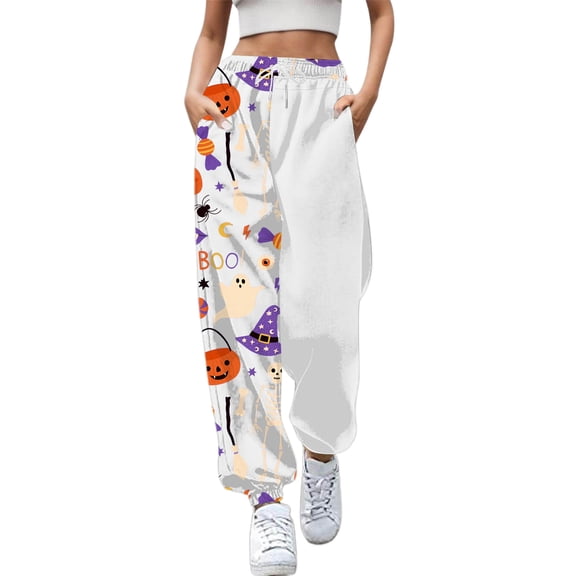 DHFJKG Women Halloween Sweatpants Print Pockets High Waist Sporty Gym Athletic Fit Jogger Pants Elastic Waist Ankle-Tied Trendy Trousers