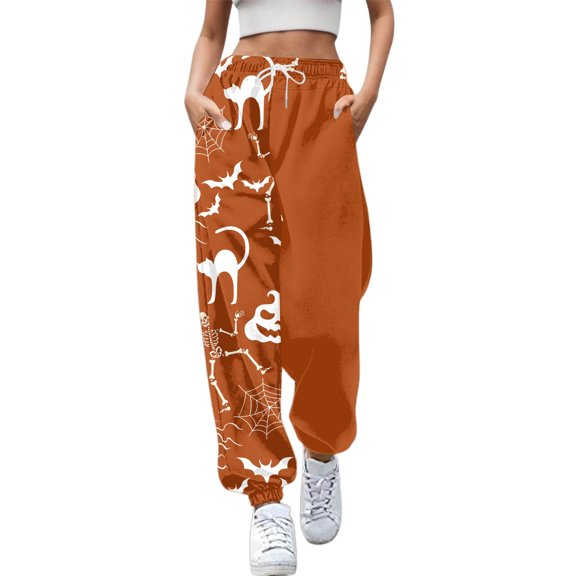 DHFJKG Women Halloween Sweatpants Print Pockets High Waist Sporty Gym Athletic Fit Jogger Pants Elastic Waist Ankle-Tied Trendy Trousers