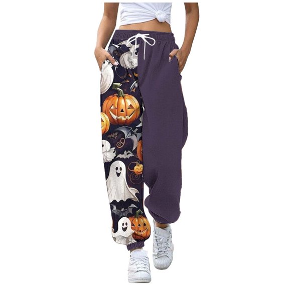 DHFJKG Women Halloween Sweatpants Print Pockets High Waist Sporty Gym Athletic Fit Jogger Pants Elastic Waist Ankle-Tied Trendy Trousers