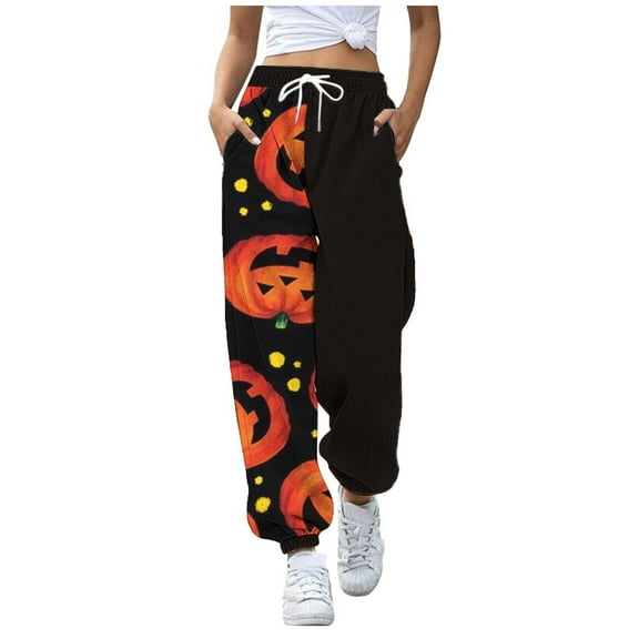 DHFJKG Women Halloween Sweatpants Print Pockets High Waist Sporty Gym Athletic Fit Jogger Pants Elastic Waist Ankle-Tied Trendy Trousers