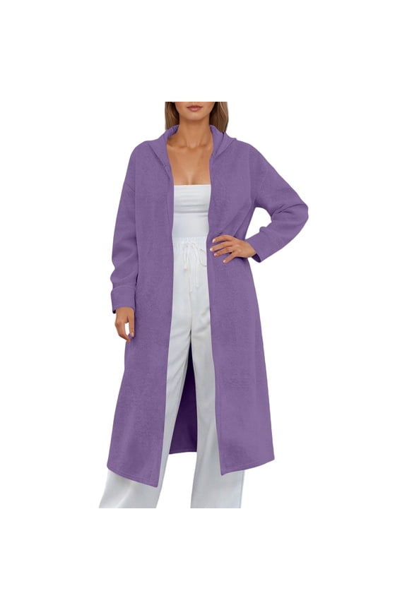 Women Hooded Cardigan Long Solid Color Long Sleeve Mid-Calf Outerwear Soft Lightweight Jacket Fall Winter Cozy Coat