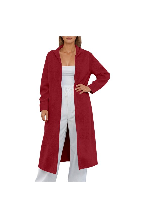 Women Hooded Cardigan Long Solid Color Long Sleeve Mid-Calf Outerwear Soft Lightweight Jacket Fall Winter Trendy Coat