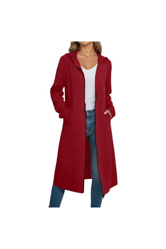 Women Hooded Cardigan Long Solid Color Slim Fit Long Sleeve Zipper Mid-Calf Outerwear Soft Lightweight Jacket Fall Winter Stylish Coat