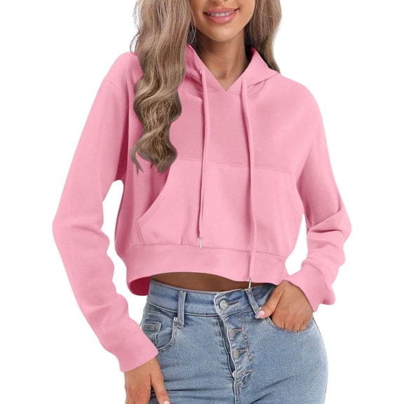 DHFJKG Women Hooded Crop Top Solid Color Pullover With A Hood Long Sleeve Drawstring Pocket Sports Hoodies Round Neck Trendy Tops
