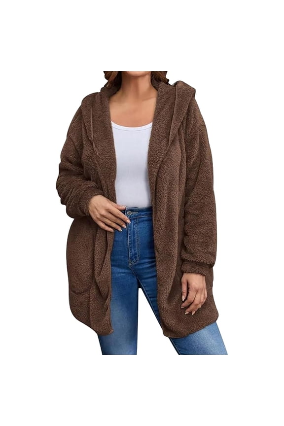Women Hooded Fuzzy Jacket Mid-Length Lightweight Solid Color Zipper Hoodies With Pockets Outdoor Indoor Cold Weather Soft Trendy Coat