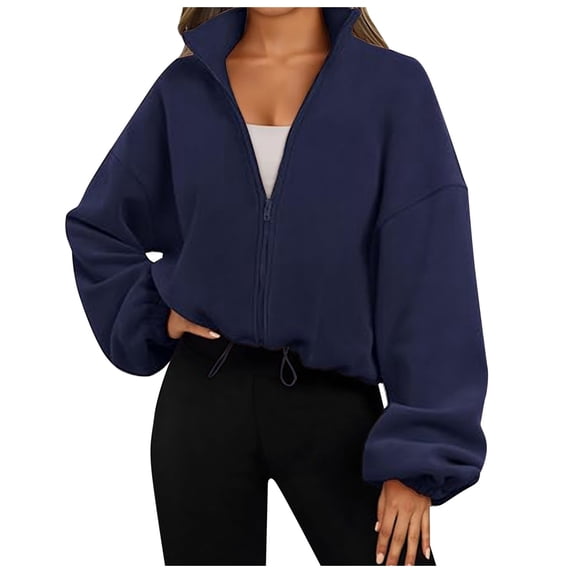 DHFJKG Women Hoodie Crop Coat Solid Color Zipper Stand Collar Elastic Waisted Oversized Long Sleeve Sweatshirt Cropped Jacket Soft Jackets