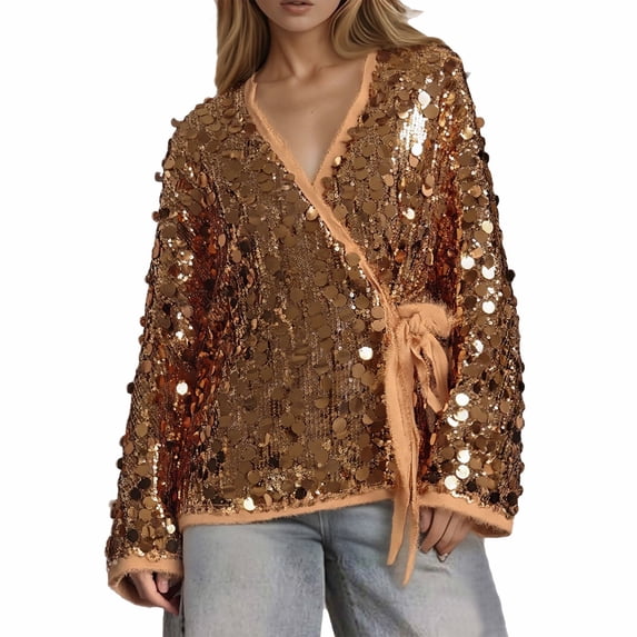 DHFJKG Women Kimono Style Jacket With Sparkly Sequins Elegant V-Neck Loose Fit Outerwear For Daily Street Comfort Coat