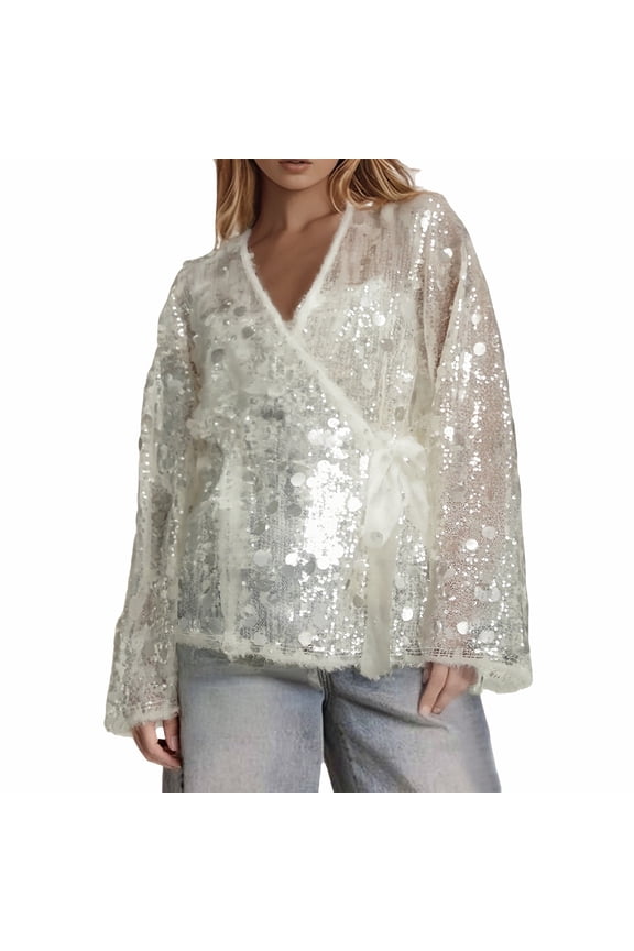 Women Kimono Style Jacket With Sparkly Sequins Elegant V-Neck Loose Fit Outerwear For Daily Street Cozy Coat