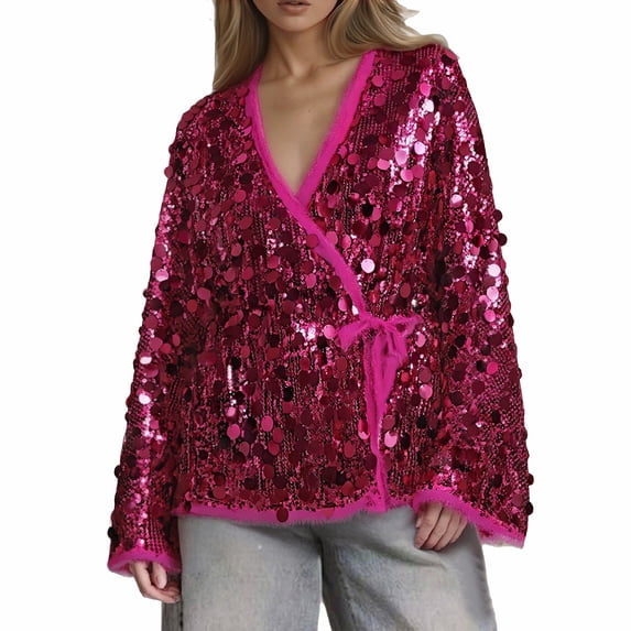 DHFJKG Women Kimono Style Jacket With Sparkly Sequins Elegant V-Neck Loose Fit Outerwear For Daily Street Versatile Coat