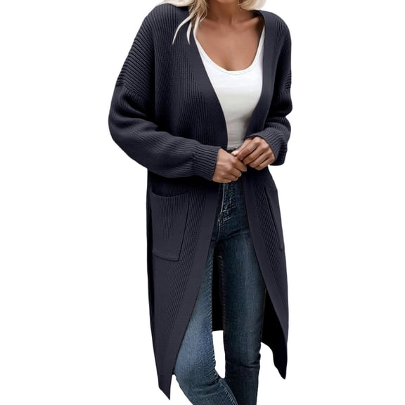 DHFJKG Women Knit Long Cardigan Sweater Knee-Length Solid Color Open Front Long Sleeve Drop Shoulder With Pocket Coat Fall Winter Soft Cozy Coat