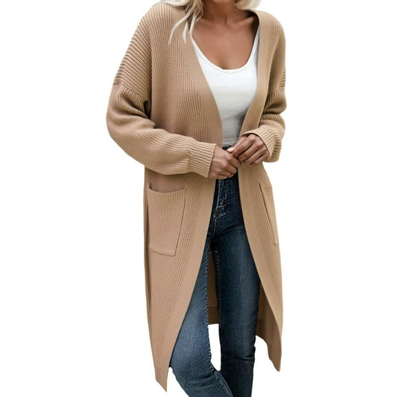 DHFJKG Women Knit Long Cardigan Sweater Knee-Length Solid Color Open Front Long Sleeve Drop Shoulder With Pocket Coat Fall Winter Soft Trendy Coat