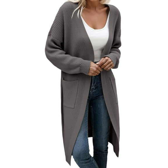 DHFJKG Women Knit Long Cardigan Sweater Knee-Length Solid Color Open Front Long Sleeve Drop Shoulder With Pocket Coat Fall Winter Soft Versatile Coat