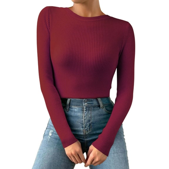 DHFJKG Women Knit Ribbed Sweater Crewneck Base Top Casual Slim Fit Long Sleeve Solid Color Layering Pullover Autumn Winter Cozy Jumper Tops