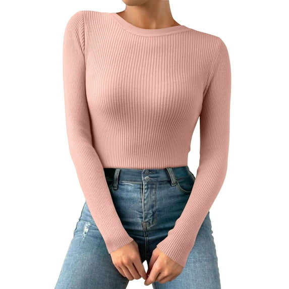 DHFJKG Women Knit Ribbed Sweater Crewneck Base Top Casual Slim Fit Long Sleeve Solid Color Layering Pullover Autumn Winter Versatile Jumper Tops