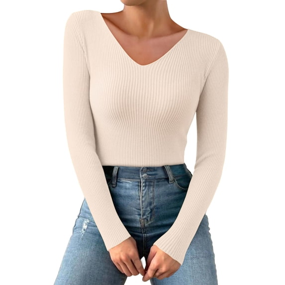 DHFJKG Women Knit Ribbed Sweater V-Neck Base Top Casual Slim Fit Long Sleeve Solid Color Layering Pullover Autumn Winter Soft Jumper Tops