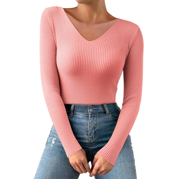 DHFJKG Women Knit Ribbed Sweater V-Neck Base Top Casual Slim Fit Long Sleeve Solid Color Layering Pullover Autumn Winter Soft Jumper Tops