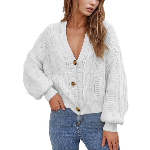 DHFJKG Women Knit Sweater Crop Cardigan Button Front Solid Color Long Sleeve V-Neck Warm Sweater Coat For Fall Winter Soft Leisure Coat
