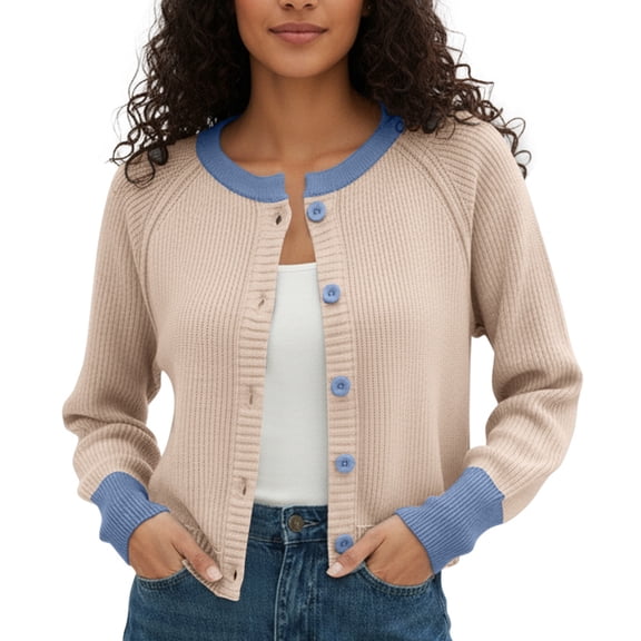 DHFJKG Women Knitted Crop Cardigan Sweater Round Neck Button Front Color Block Raglan Sleeve Cropped Coat Cozy Coat