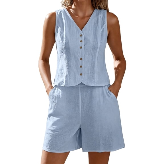 DHFJKG Women Linen 2 Piece Shorts Sets Relaxed Fit Sleeveless V Neck Tank Top And Shorts Summer Matching Sets Versatile Outfits
