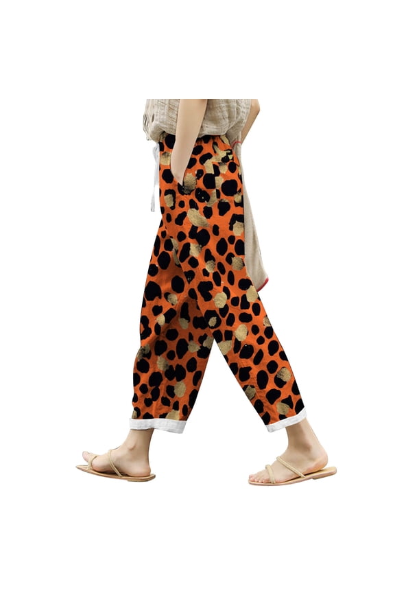 Women Linen Capri Pants Leopard Printed Summer Lightweight Loose Fit Casual Drawstring Beach Pants Soft Trousers