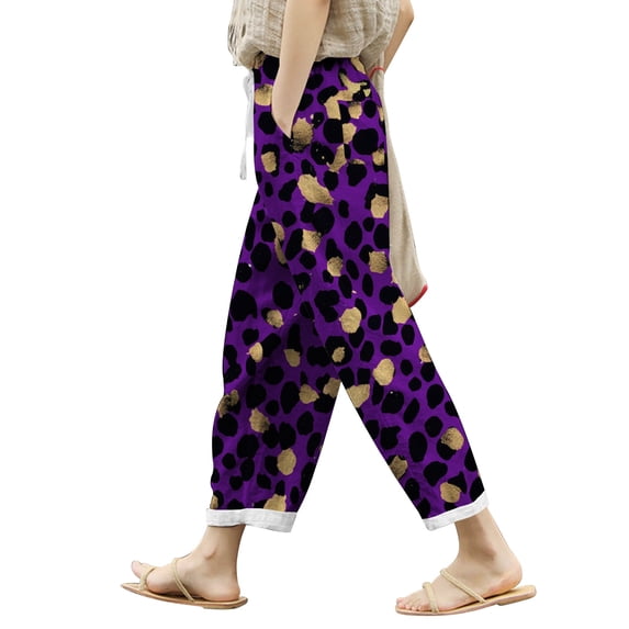 DHFJKG Women Linen Capri Pants Leopard Printed Summer Lightweight Loose Fit Casual Drawstring Beach Pants Stylish Trousers