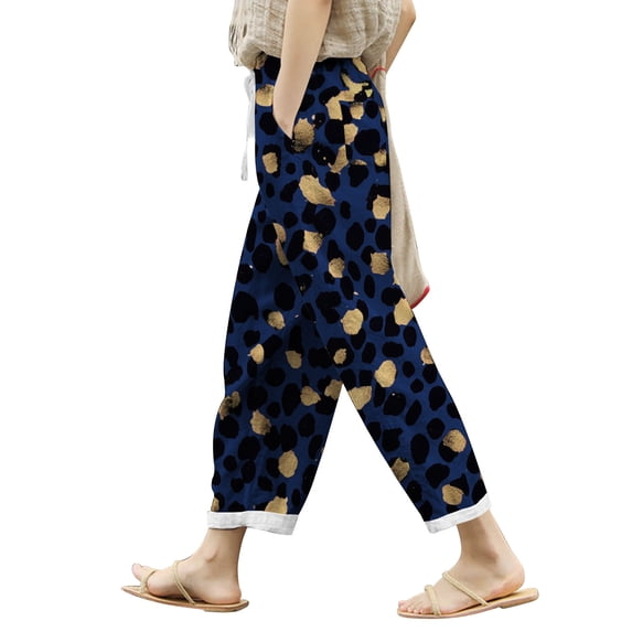 DHFJKG Women Linen Capri Pants Leopard Printed Summer Lightweight Loose Fit Casual Drawstring Beach Pants Versatile Trousers