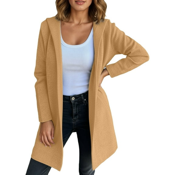 DHFJKG Women Long Cardigan Sweater Hooded Solid Color Outerwear Lightweight Soft Long Jacket Cozy Coat