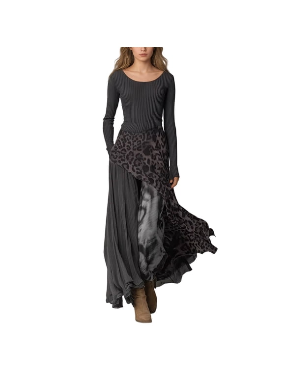 Women Long Sleeve Ribbed Dress Vintage Retro Leopard Print Flowy A Line Swing Long Dress Scoop Neck Patchwork Trendy Dresses