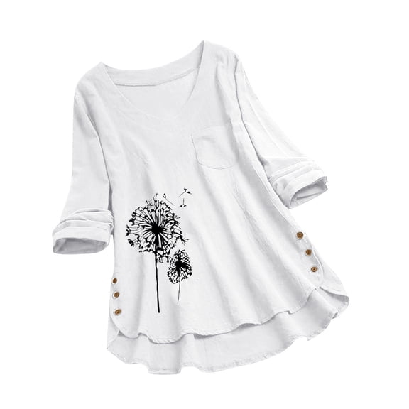 DHFJKG Women Long Sleeve Shirts Floral Print Loose Fit Casual T-Shirt Mid Length V Neck Spring Fall Fashion Clothes Cozy Tops