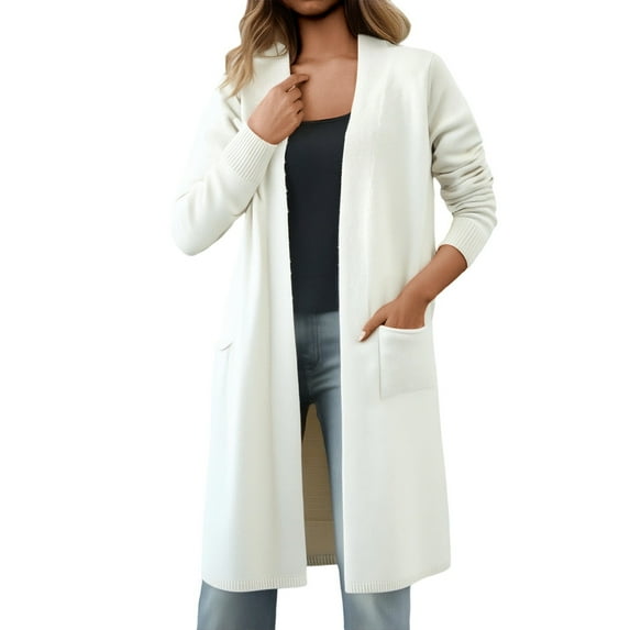 DHFJKG Women Longline Cardigan Knit Sweater Open Front Pockets Solid Color Knee-Length Coat For Autumn Winter Stylish Coat