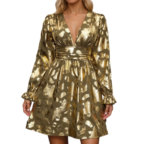 DHFJKG Women Metallic Deep V Neck Dresses Sparkly Glitter Long Sleeve Elegant Party Mini Dress Carnival Stylish Dresses