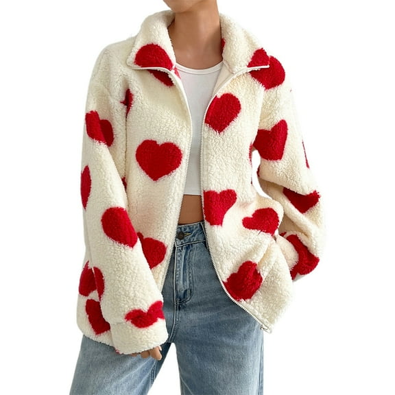 DHFJKG Women Oversized Fuzzy Coat Heart Print Zipper Cardigan For Fall Winter Long Sleeve Turndown Collar Classic Jackets