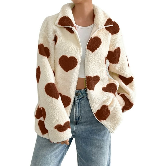 DHFJKG Women Oversized Fuzzy Coat Heart Print Zipper Cardigan For Fall Winter Long Sleeve Turndown Collar Fashionable Coats