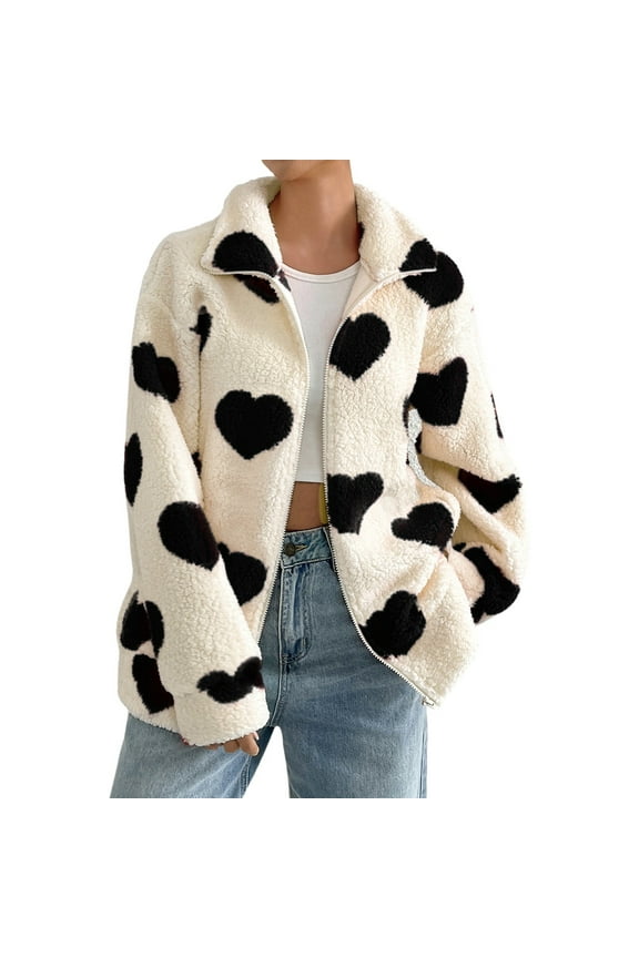Women Oversized Fuzzy Coat Heart Print Zipper Cardigan For Fall Winter Long Sleeve Turndown Collar Leisure Coats