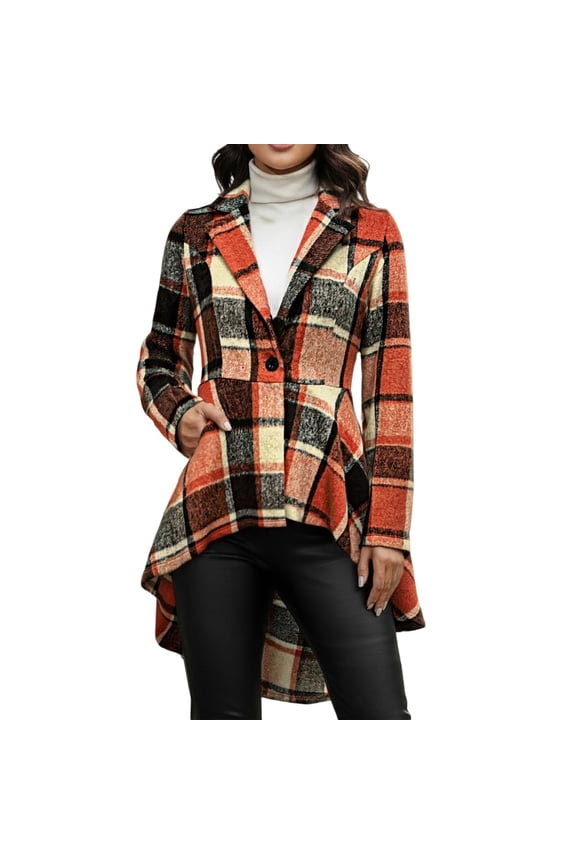 Women Plaid Cardigan Coat Slim Fit Button Front Long Sleeve Notched Collar Jacket With High Low Hem Comfort Coat
