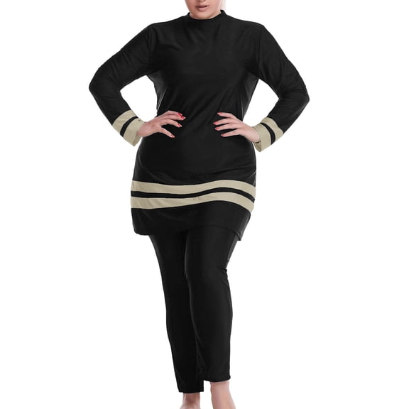 DHFJKG Women Plus Size Swimsuit 3 Piece Set Long Sleeve Rash Guard Top Long Pants With Swim Cap Striped Swimwears