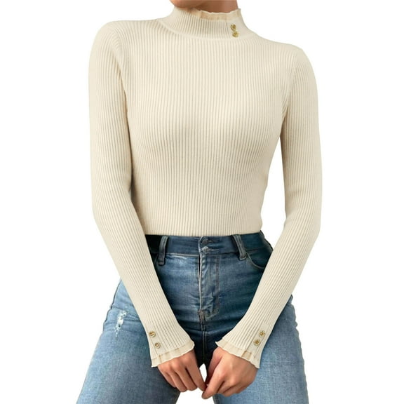 DHFJKG Women Ruffles Knit Ribbed Sweater Base Top Casual Turtleneck Slim Fit Long Sleeve Layering Pullover Autumn Winter Cozy Jumper Tops