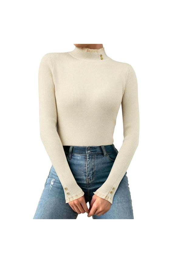 Women Ruffles Knit Ribbed Sweater Base Top Casual Turtleneck Slim Fit Long Sleeve Layering Pullover Autumn Winter Cozy Jumper Tops