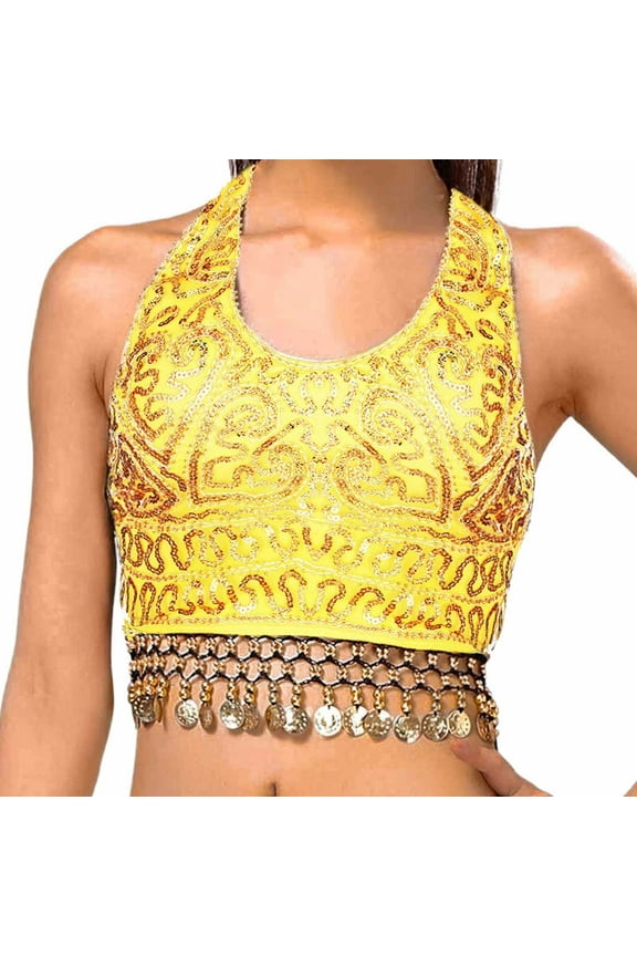 Women Sequin Crop Top Belly Dance Halter Side Tie Tank Top Coin Tassel Camisole Shirt Sleeveless Glitter Trendy Tops